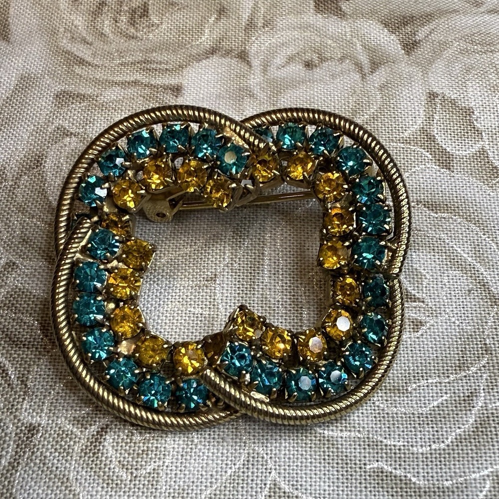 Teal & Amber Rhinestone Brooch Gold Tone Double Circle Swirl Pin MCM Grandma